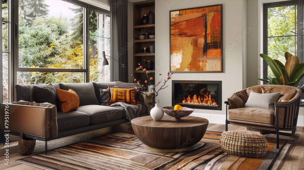 Modern living room interior with large windows, fireplace, coffee table, sofa, armchair, rug, plants and abstract painting in warm colors conveying coziness and comfort Modern living room interior with large windows, fireplace, coffee table, sofa, armchair, rug, plants and abstract painting in warm colors conveying coziness and comfort