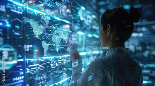 Back View of Woman Analyzing Digital Data Display