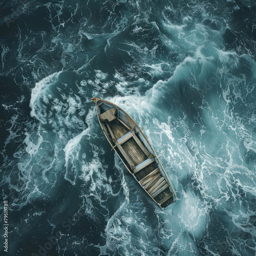 a boat in a stormy ocean in the shanties, in the style of aerial photography, sven nordqvist, rollerwave photo