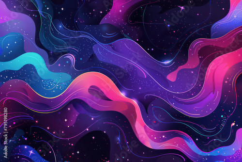 Abstract cartoon colorful background with liquid forms and sparkles, swirling waves and stars. Flat minimalistic illustration with pastel colors photo