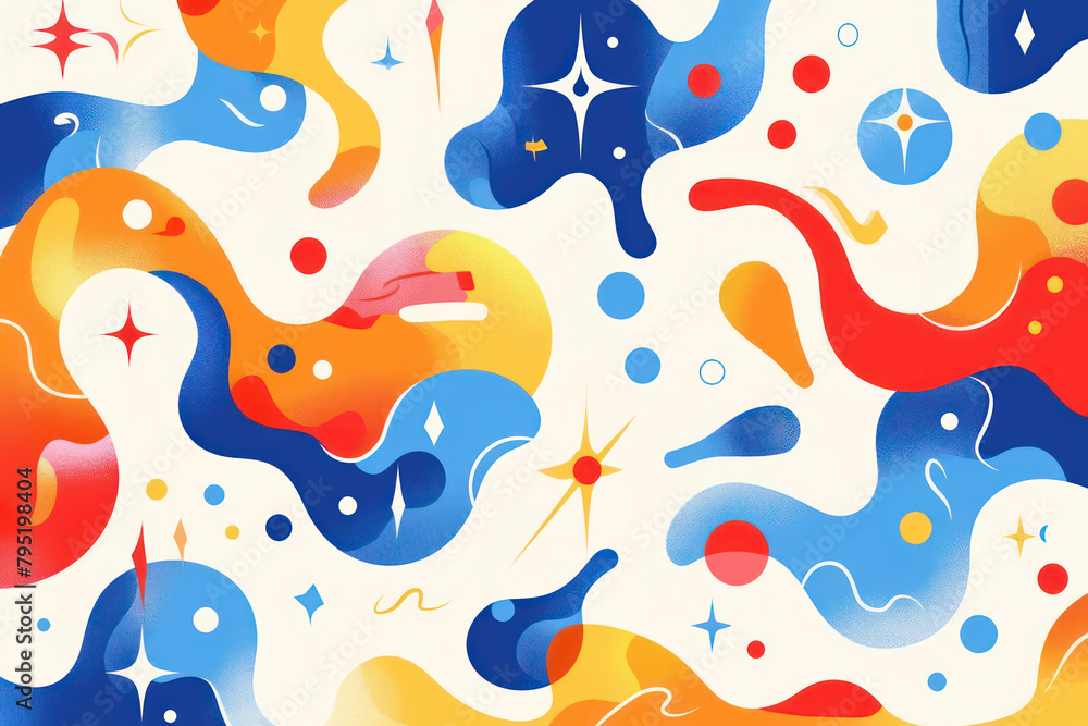 Abstract cartoon colorful background with liquid forms and sparkles, swirling waves and stars. Flat minimalistic illustration with pastel colors