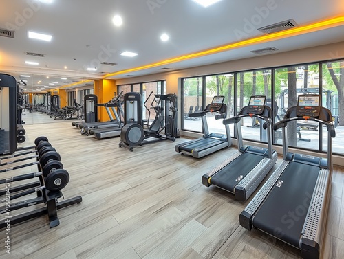 A gym with treadmills and weights. The gym is clean and well-maintained