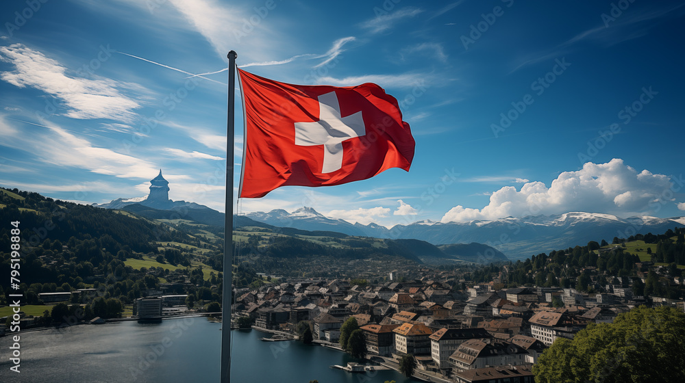 Flag of a Switzerland on a blue sky background