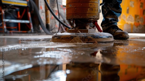 Wet concrete construction worker with a special tool  a floating blade  for polishing smooth concrete floors.