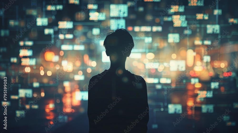 A woman standing in front of a large screen with a lot of data on it. A woman standing in front of a large screen with a lot of data on it.