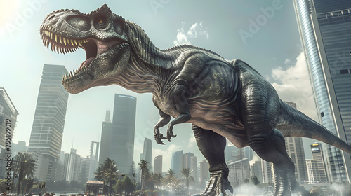 Towering Tyrant Stalks Skyscrapers Prehistoric Predator in a Futuristic Metropolis photo