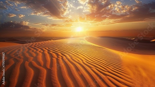 A vast desert landscape bathed in the soft light of dawn, where shifting sands create mesmerizing patterns beneath the golden sun.