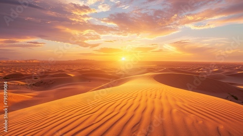A vast desert landscape bathed in the soft light of dawn  where shifting sands create mesmerizing patterns beneath the golden sun.