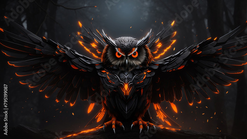 A dark owl with glowing orange eyes and wings made of fire.