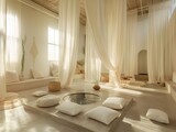 A white room with a large bathtub and white curtains. The room is very clean and has a very calming atmosphere