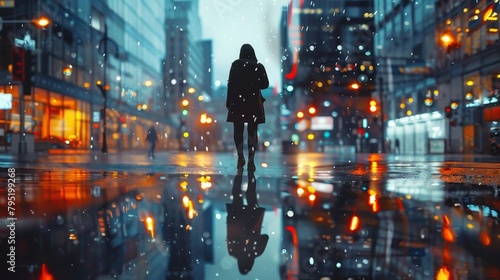A woman standing in the middle of a rainy street at night, with the lights of the city reflecting off the wet pavement.