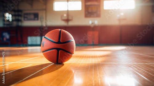 Close-up of a basketball on the wooden floor of the basketball court in the stadium.