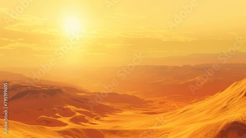 A vast desert landscape under the blazing sun, where the sand dunes stretch endlessly into the distance, shimmering in the heat.