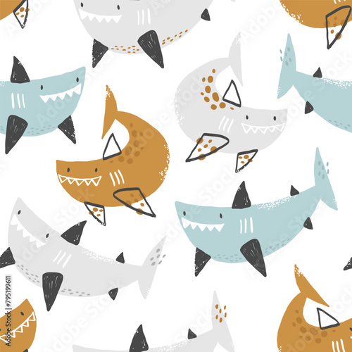 Vector seamless pattern with cute sharks on white background. Funny smiling sharks. Sea, ocean, sea inhabitants. Children's texture with sharks. Funny animals sketch. © ZHUKO