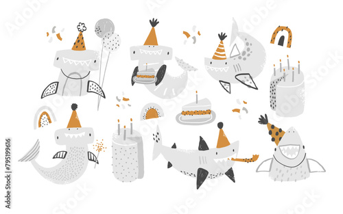 A set of cute sharks in festive caps, cake with candles, confetti, rainbows and bengal lights. Vector illustration. Cliparts for decorating children's birthday party, invitations, cards, baby shower. © ZHUKO