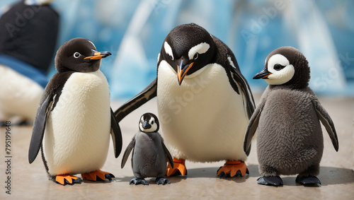 A group of penguins standing on a beach. There are two adults and two chicks. The adults are black and white with yellow beaks. The chicks are gray and white with black beaks. The penguins are standin photo