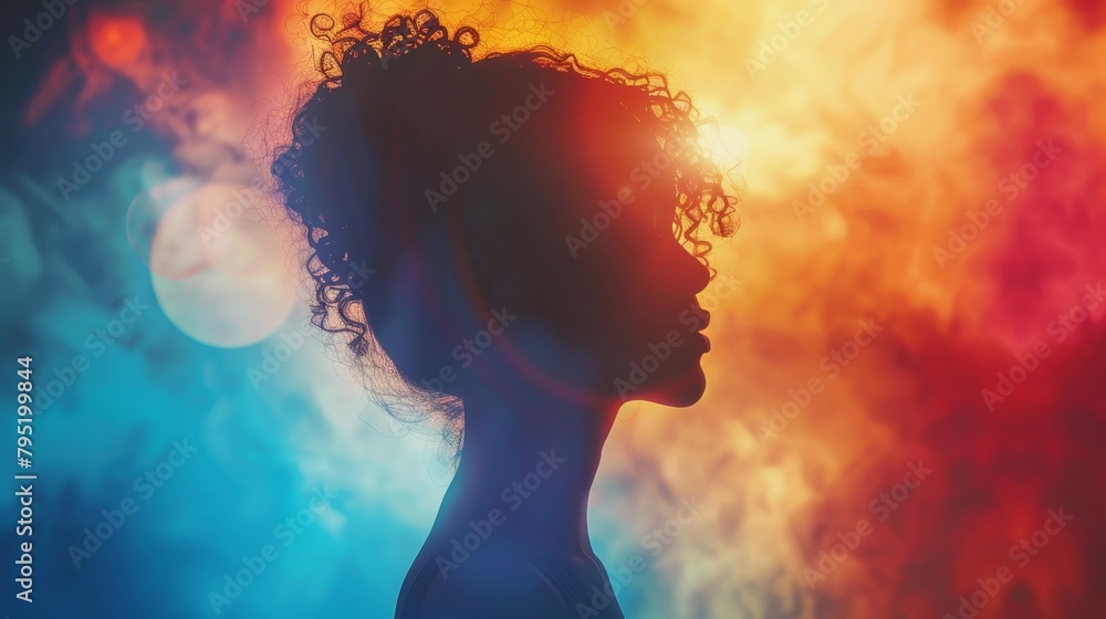 A woman's head in silhouette against a colorful background.