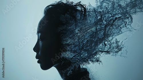 A woman's face with water flowing out of her head.
