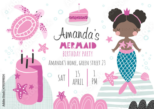 Vector template children's birthday party invitation. Mermaid party. Kids party in sea style. Cute girl mermaid, turtle, pink cake. Baby shower. Baby Girl. Happy Birthday kids card. Newborn party. © ZHUKO