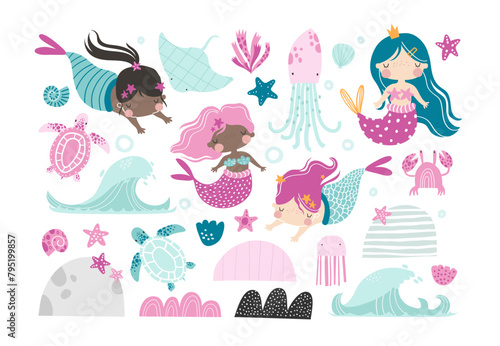 Vector set with cute mermaids. Children's illustration of girls princess mermaids. Sea. Ocean. Turtle, stingray, octopus, jellyfish, crab, shells. Waves. Underwater landscape, the bottom of the sea. © ZHUKO