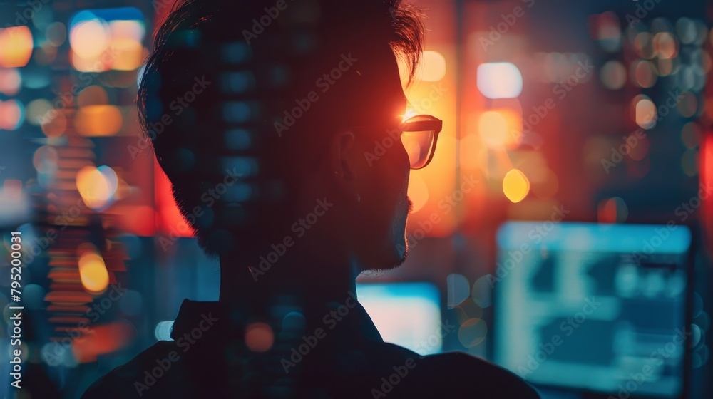 A young male programmer is working late at night in a dark room. The only light comes from the computer screens and the city lights outside the window. A young male programmer is working late at night in a dark room. The only light comes from the computer screens and the city lights outside the window.