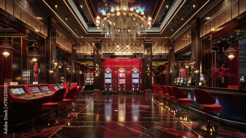 A casino with a red carpet and chandelier