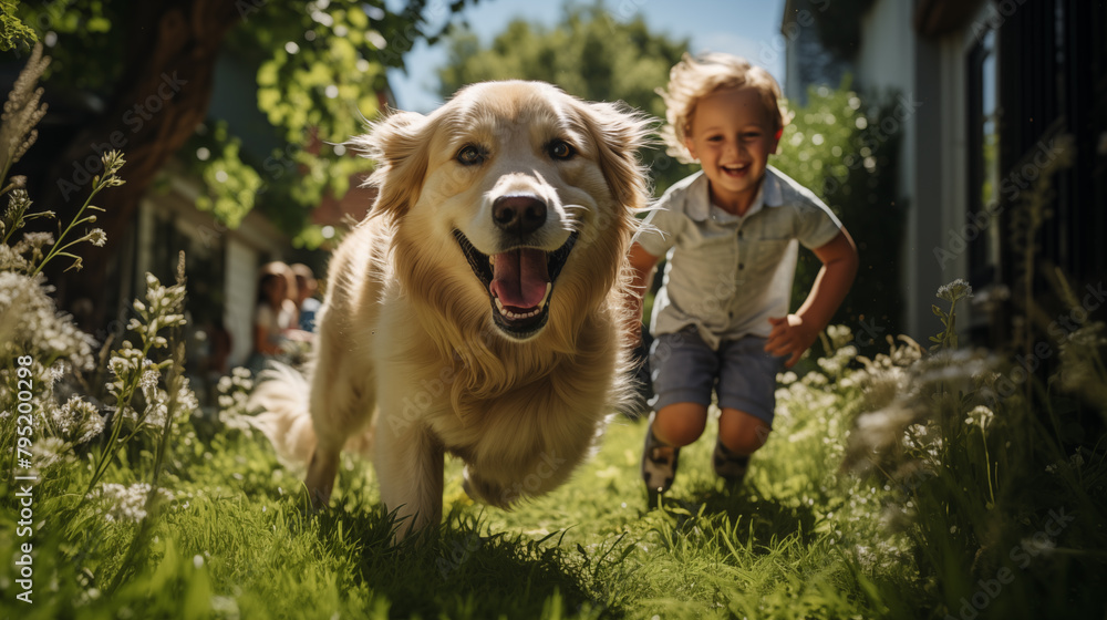 Happy running golden retriever and cute kids play together on the backyard Happy running golden retriever and cute kids play together on the backyard