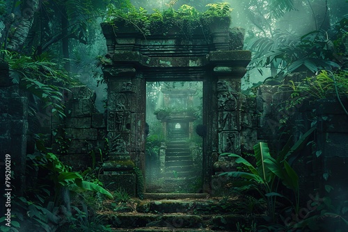 A mysterious ancient stone gate in the enchanting jungle, surrounded by lush greenery and creatures hidden in the heart of the tropical rainforest. photo