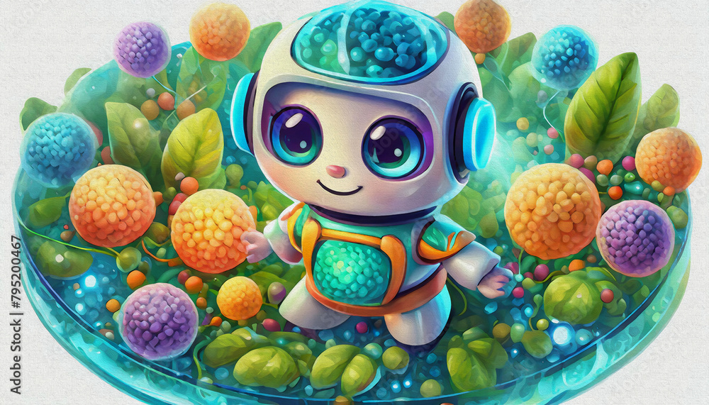 oil painting style Cartoon CHARACTER CUTE BABY ANDROID ROBOT Molecular biologist analyzing DNA structure in a lab, 