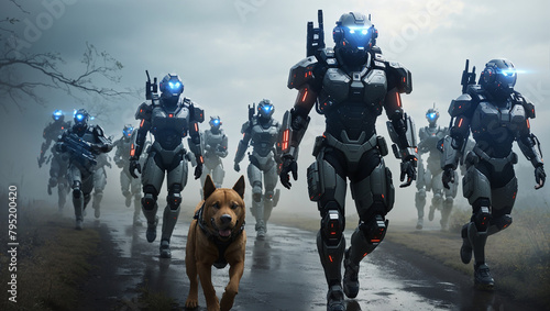 A group of soldiers in blue armor are walking forward with dogs beside them. The soldiers are carrying guns and look like they are ready for battle. In the background, there are large machines flying  photo