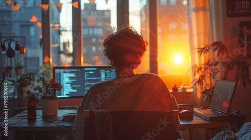 A young man sits at her desk in front of a large window. She is looking at her computer screen. The sun is setting outside the window. The room is warm and inviting.