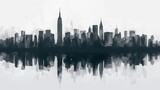 An artistic, abstract monochrome painting of a city skyline with a mirror-like reflection creating a symmetrical effect.