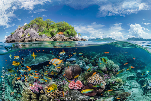 A panoramic photograph showcasing the vibrant colors of tropical fish swimming near Heart Island's reef. © Eun Woo Ai