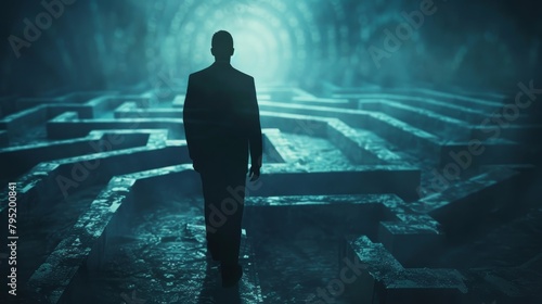 alone businessman walking through a dark mysterious maze