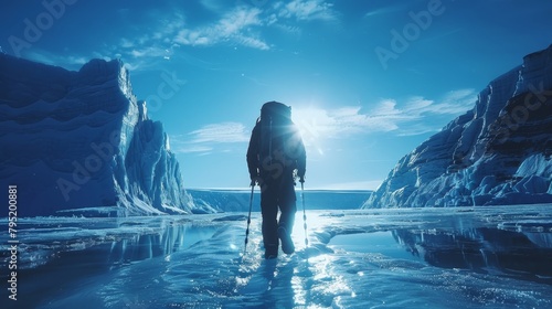 An adventurer with a backpack traverses a stark glacial landscape, with the brilliant sun reflecting off the ice. photo