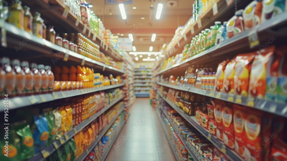 An aisle in a grocery store with shelves stocked with various products.