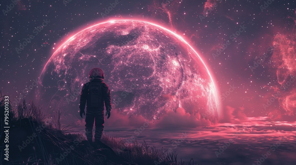 An astronaut on a distant planet looks back at Earth.
