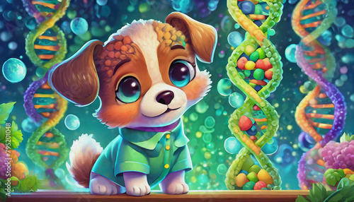oil painting style cartoon CHARACTER CUTE BABY DOG Molecular biologist analyzing DNA structure in a lab © stefanelo