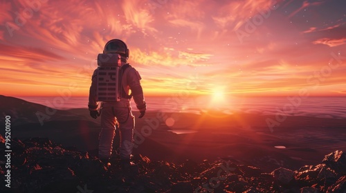 An astronaut stands on a rocky hill on Mars and gazes at the setting sun.