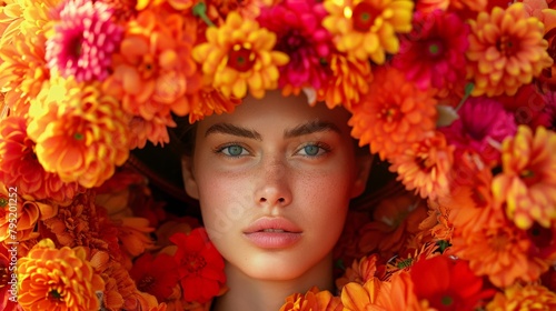 Girl in yellow and orange dandelion, model's face in dandelion. Portrait of a girl with autumn leaves