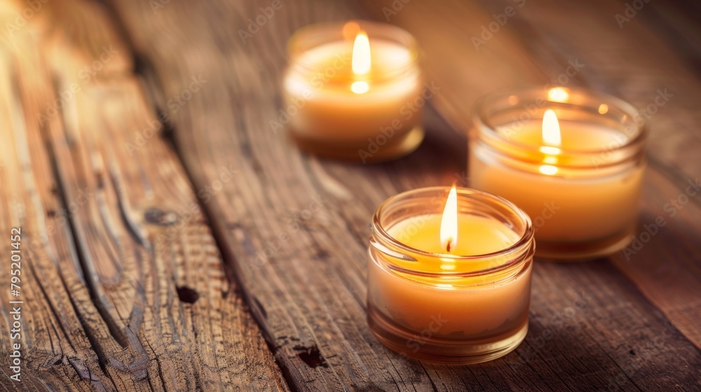 Candles lit on a wooden tabletop Candles lit on a wooden tabletop