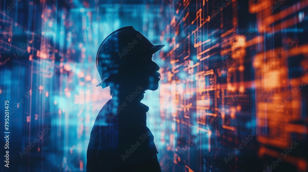 An engineer in a hard hat looks at a futuristic digital display.
