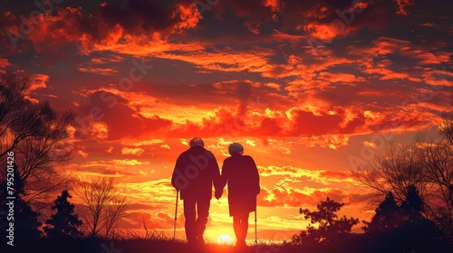 An elderly couple walking hand-in-hand into the sunset. photo