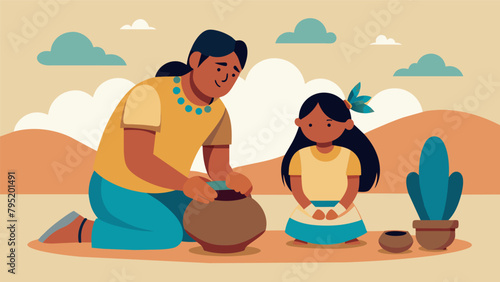 A father and daughter work side by side carefully molding clay into pottery that will later be used in their familys annual Navajo ceremony.