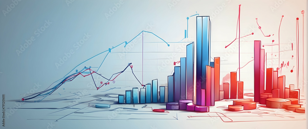 Naklejka premium A visually striking graphic interpretation of economic development featuring fluctuating graphs and bar charts in cool blue shades