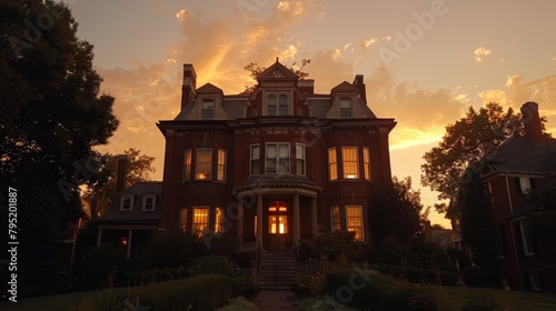 An old-fashioned house with a warm light coming from the windows.