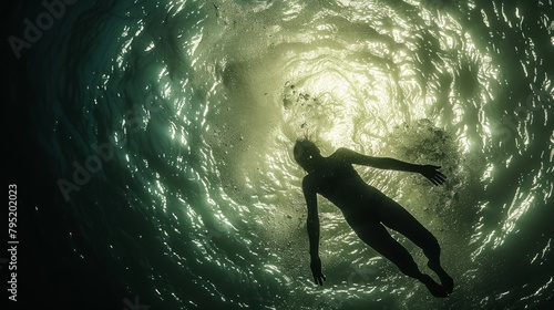 An underwater shot of a man swimming in the ocean.