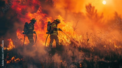 Forest fire, firefighter team fighting forest fire due to climate change photo