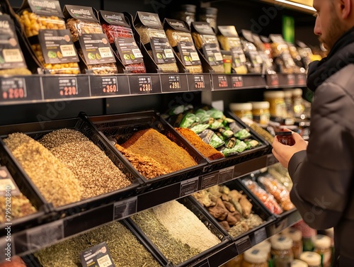 A man is shopping for spices in a store. There are many different types of spices on display, including some that are labeled as "Cannabis." The man is looking at the spices
