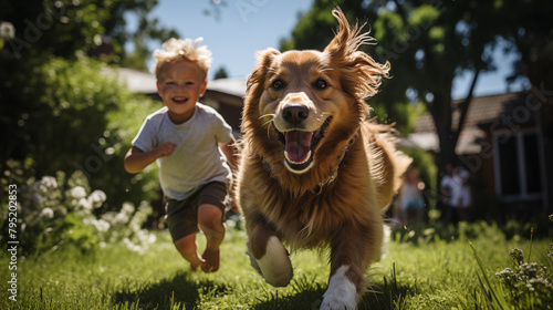 Happy running golden retriever and cute kids play together on the backyard © lisssbetha